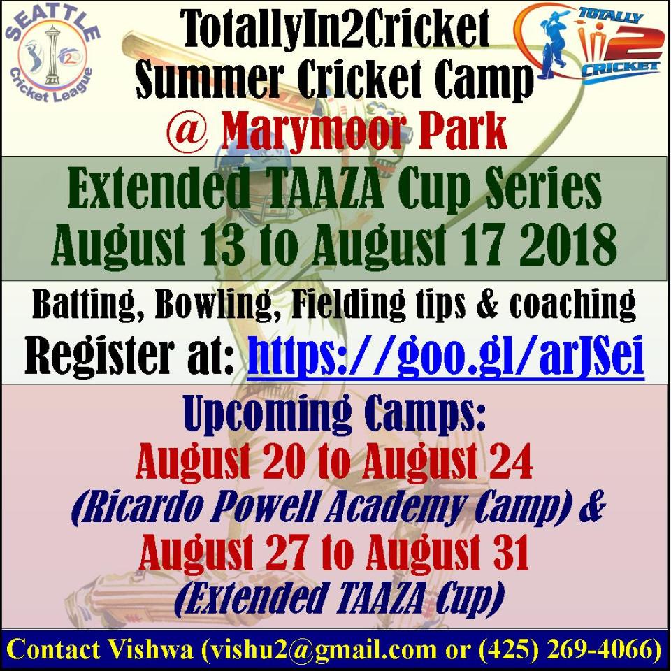 2018 TotallyIn2Cricket Summer Cricket Camp - Extended TAAZA Cup Series - Aug 13-17